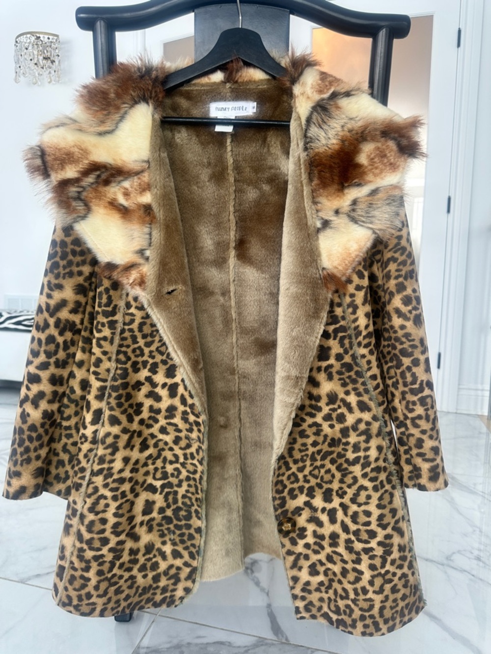 Minnie Rose Leopard-Print Faux Fur Pea Coat in Brown Tones